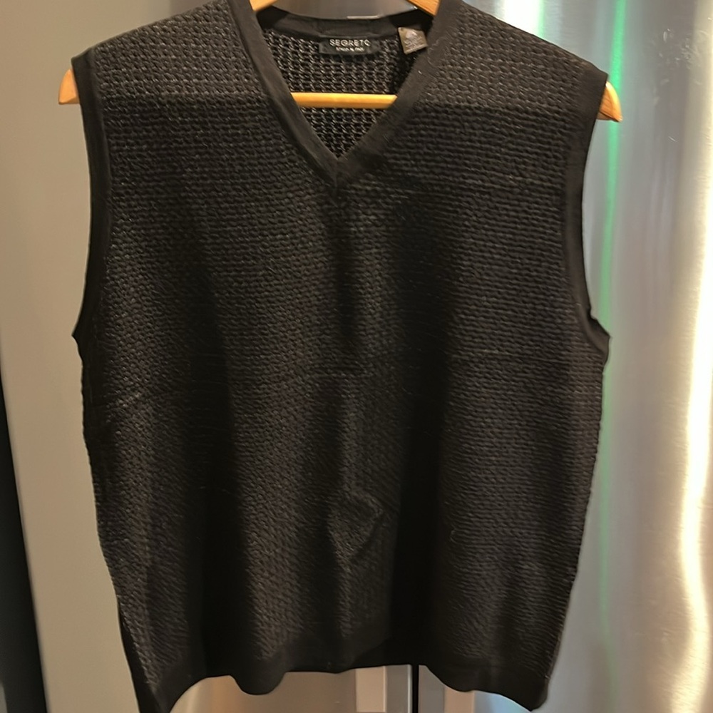 Segreto BLACK Merino new Wool Sweater VEST men’s Large Italy V NECK gray specks
